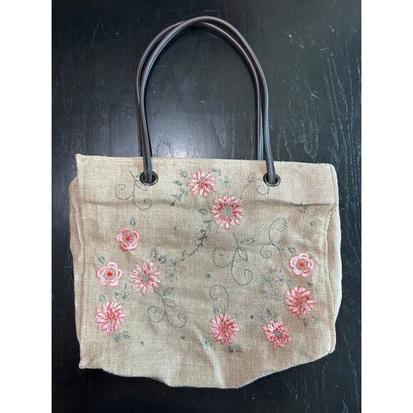 90s- Linen- Pink Floral Embroidery- Beachy zips- Shoulder Tote- small stain - Picture 1 of 6